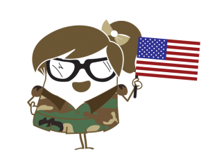 SheerID Mascot Kelly in a cammo dress waving an American flag