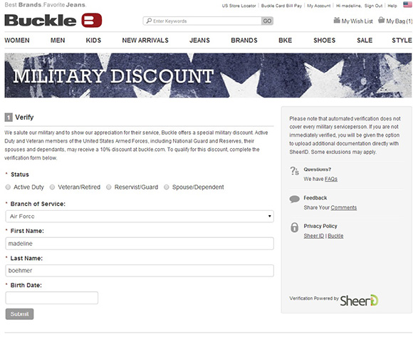 Buckle online Military discount