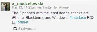 Angela Modzelewski tweets about the 3 phones with the least device attacks