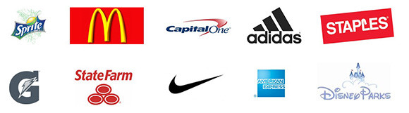 brand logos for Sprite, McDonalds, Capital One, adidas, Staples, Gatorade, State Farm, Nike, American Express, and Disney Parks