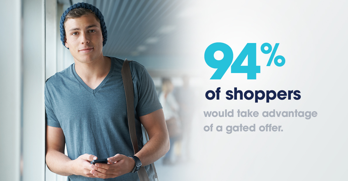 A young man redeeming a gated offer on his cell phone. 94% of shoppers would take advantage of a gated offer.