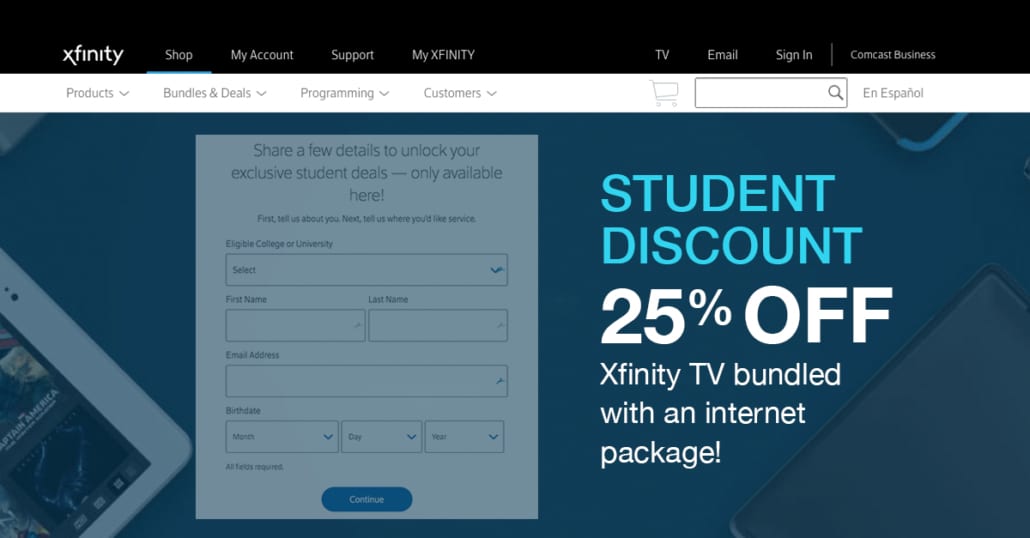 College students use SheerID's Digital Verification Platform to redeem a gated student offer for 25% off Xfinity TV bundled with an internet package.
