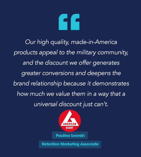 Stat_quote_dark_AmericanGiant_2 “Our high-quality, made-in-America products appeal to the military community, and the discount we offer generates greater conversions and deepens the brand relationship because it demonstrates how much we value them in a way that a universal discount just can’t.” Paulina Izvorski, Retention Marketing Associate American Giant
