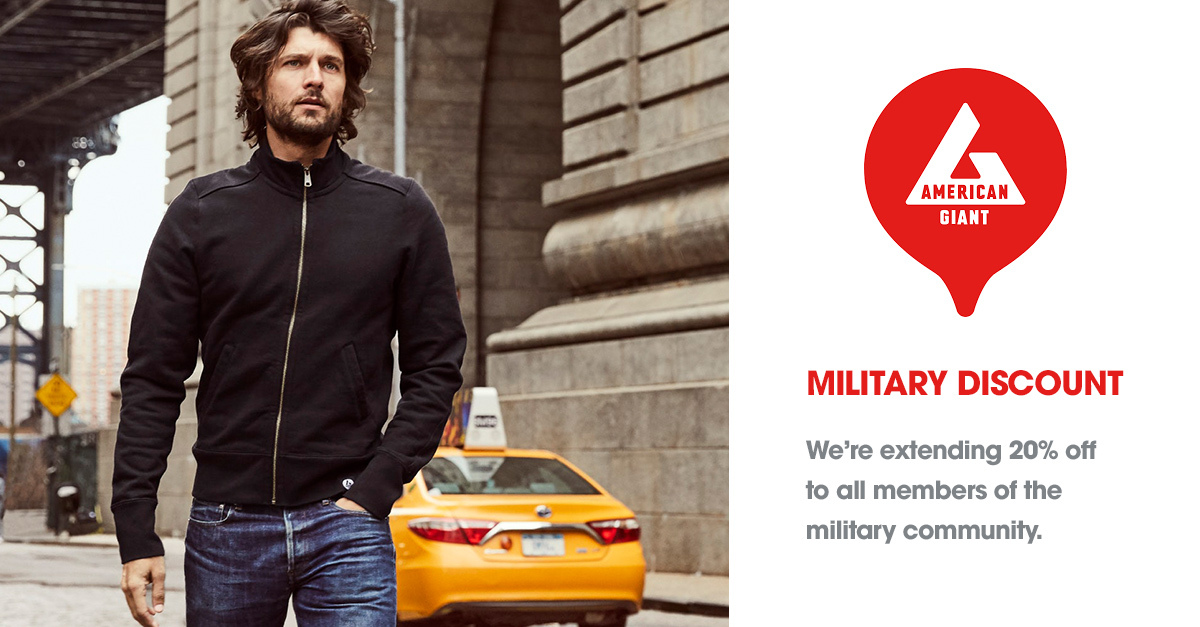 A man wearing American Giant apparel he purchased through a military exclusive offer. The program is one of the company’s most effective customer acquisition strategies.