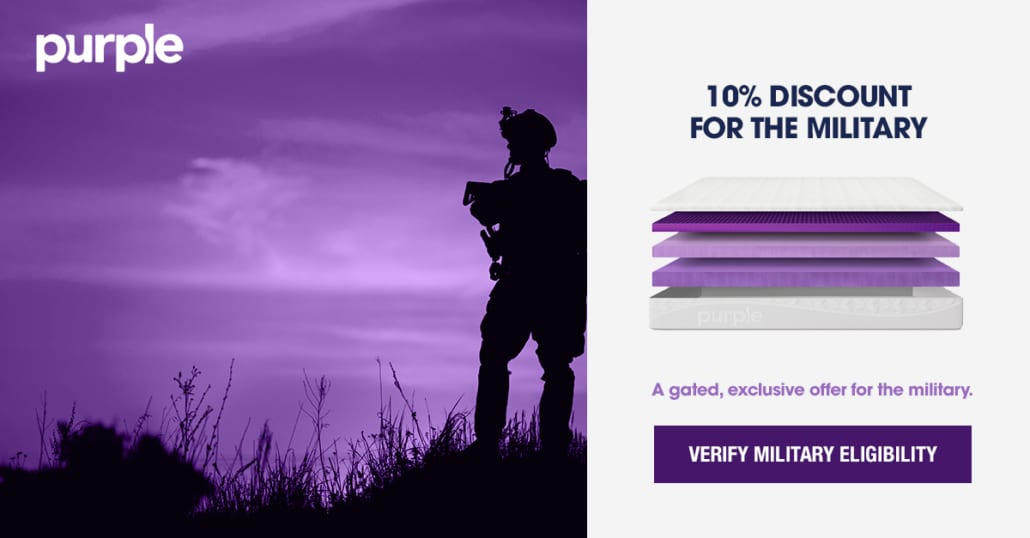 A soldier in the field at twilight is part of a customer acquisition ad promoting Purple's 10% discount for the military.