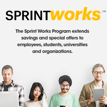 A photo of men and women using various devices to enroll in SprintWorks, a program that extends savings and special offers to employees, students, universities and organizations.