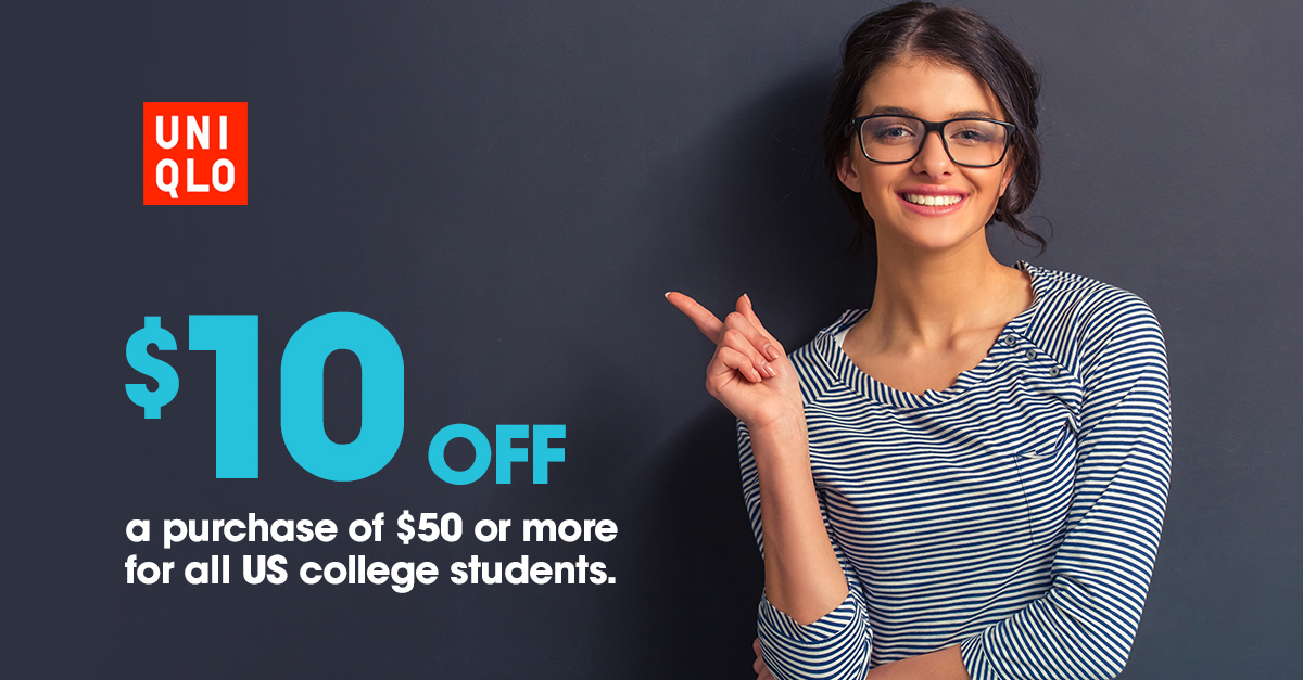 A smiling woman in an ad for an exclusive offer of $10 off that UNIQLO is running to boost college student customer acquisition.