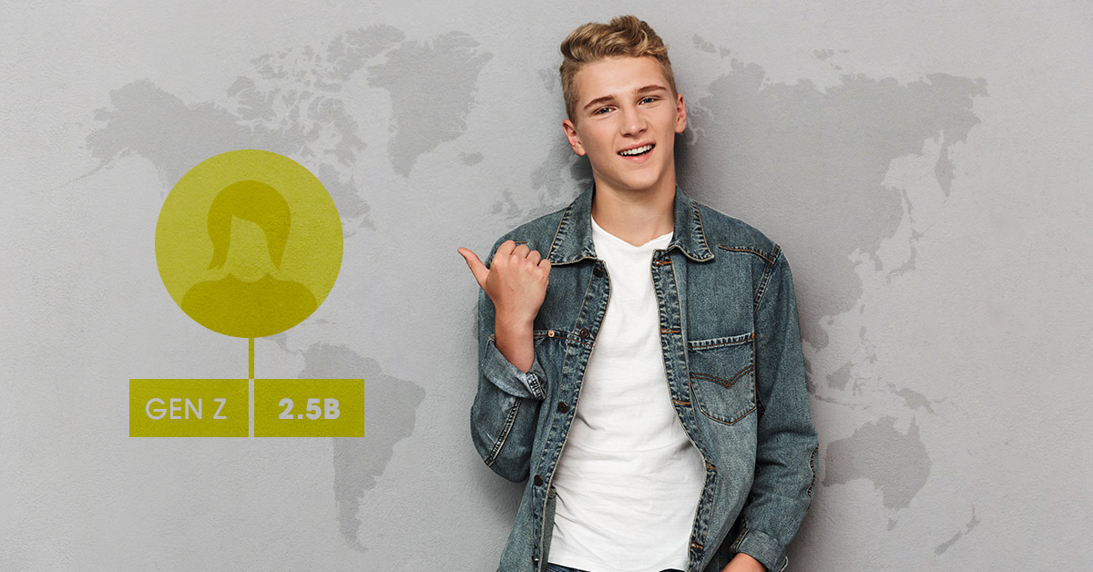 A Gen Z boy standing in front of a world map, happy with the personalized offer he received from his favorite brand.