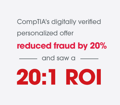 comptia_stat_fraud CompTIA's digitally verified personalized offer reduced fraud by 20% and saw a 20:1 ROI.