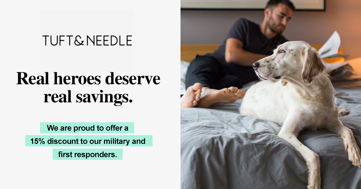 An example of Tuft&Needle's personalized promotion to the military and first responders: a picture of a man and dog on a bed, with copy that reads, "Real heroes deserve real savings. We are proud to offer a 15% discount to our military and first responders.