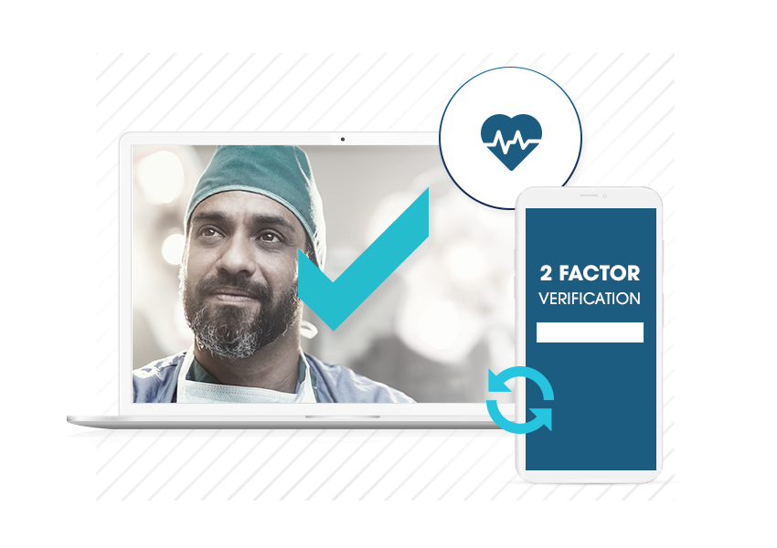 Doctor masculino en computadora con verificación de dos factores de SheerID