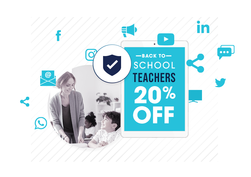 Maestra con iconos de redes sociales de estudiantes de SheerID