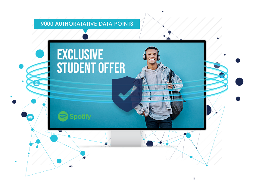 Smiling student on screen with Spotify logo from SheerID