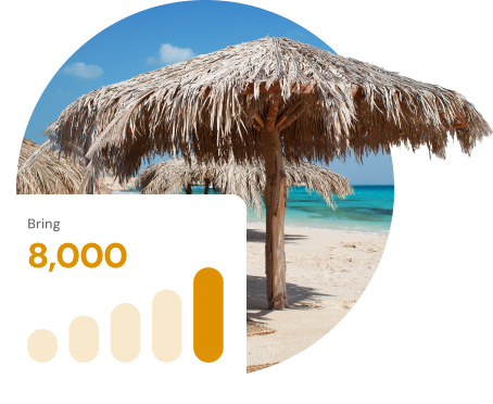 Bring 8,000 stat overlaid on beach palapa