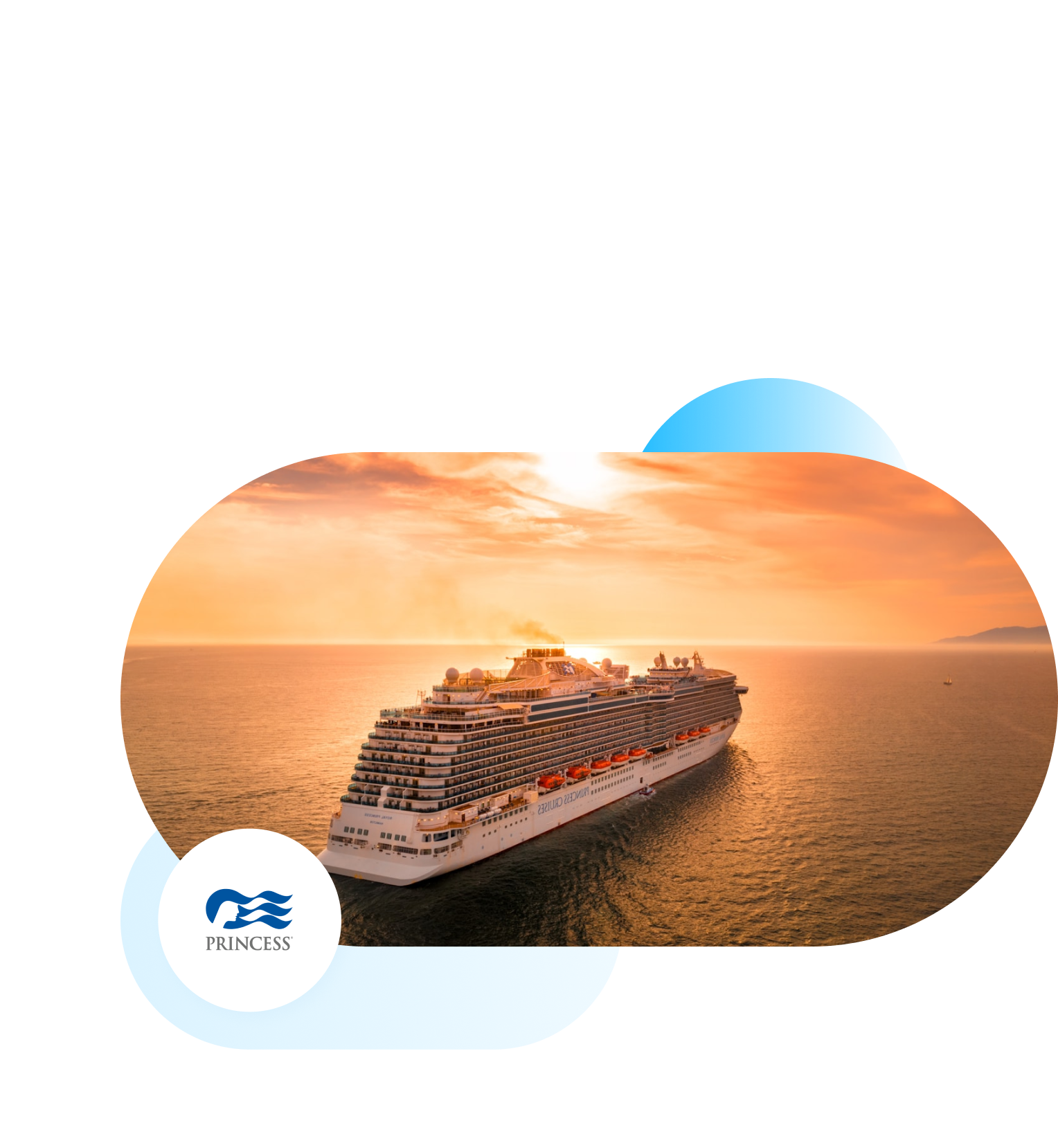 Princess branded image of cruise ship in sunset.