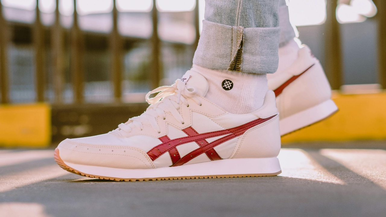 Close up of Asics sneakers.