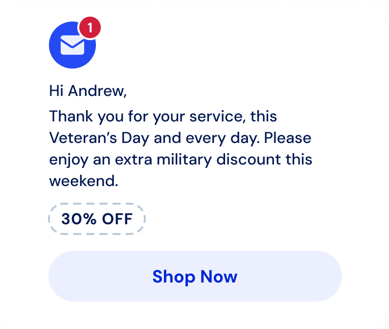 Veteran's Day promotional email for military discount.