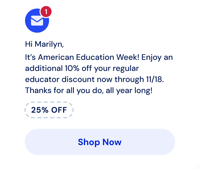 American Education Week email promotion with 25% off discount for educators.