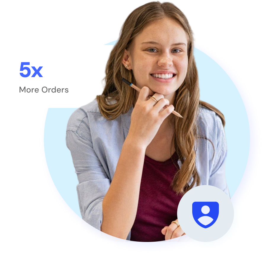 Student holding pencil with stat: 5x more orders.