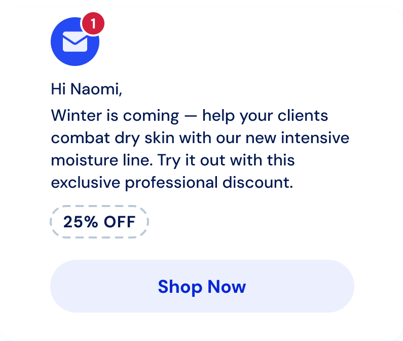 Winter email promotion with 25% off discount for licensed estheticians.