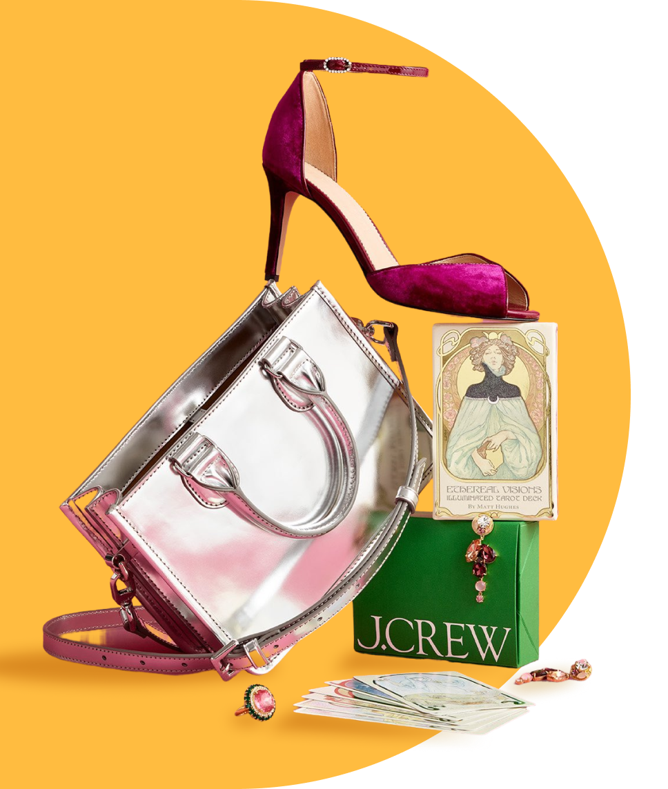 Branded J. Crew image of shopping bag and shoes.