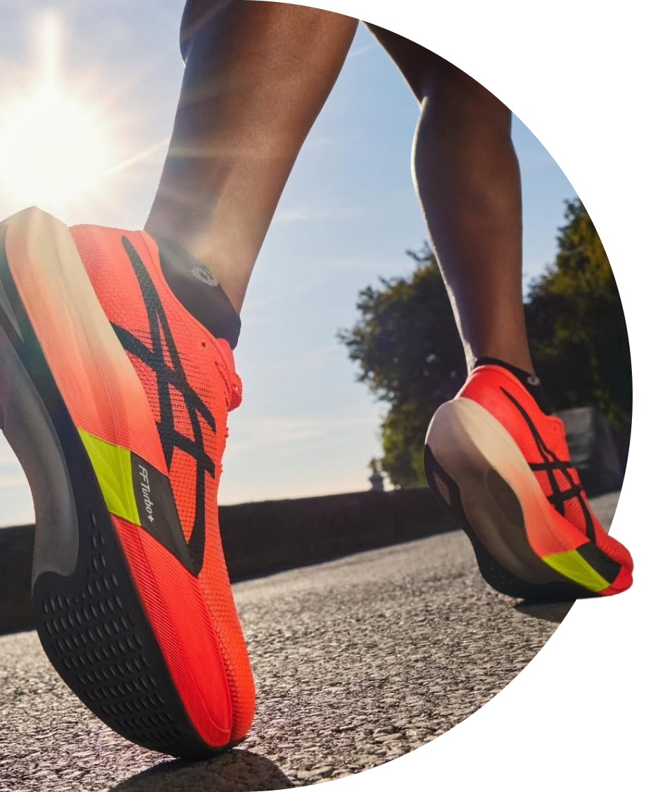 Close up of running shoes in motion.