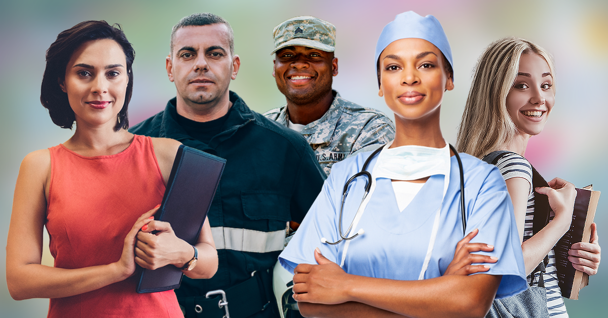 Composite image of teacher, first responder, health care worker, military member, and student.