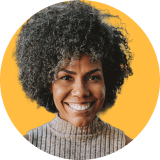Circle headshot of a woman with yellow background.