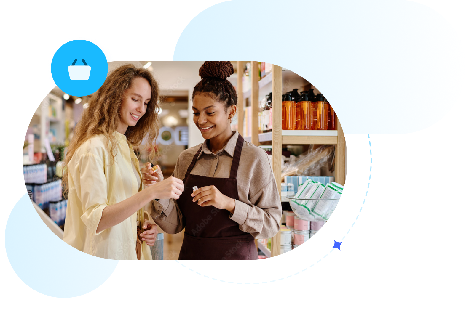 Beauty store retailer gives woman a sample.