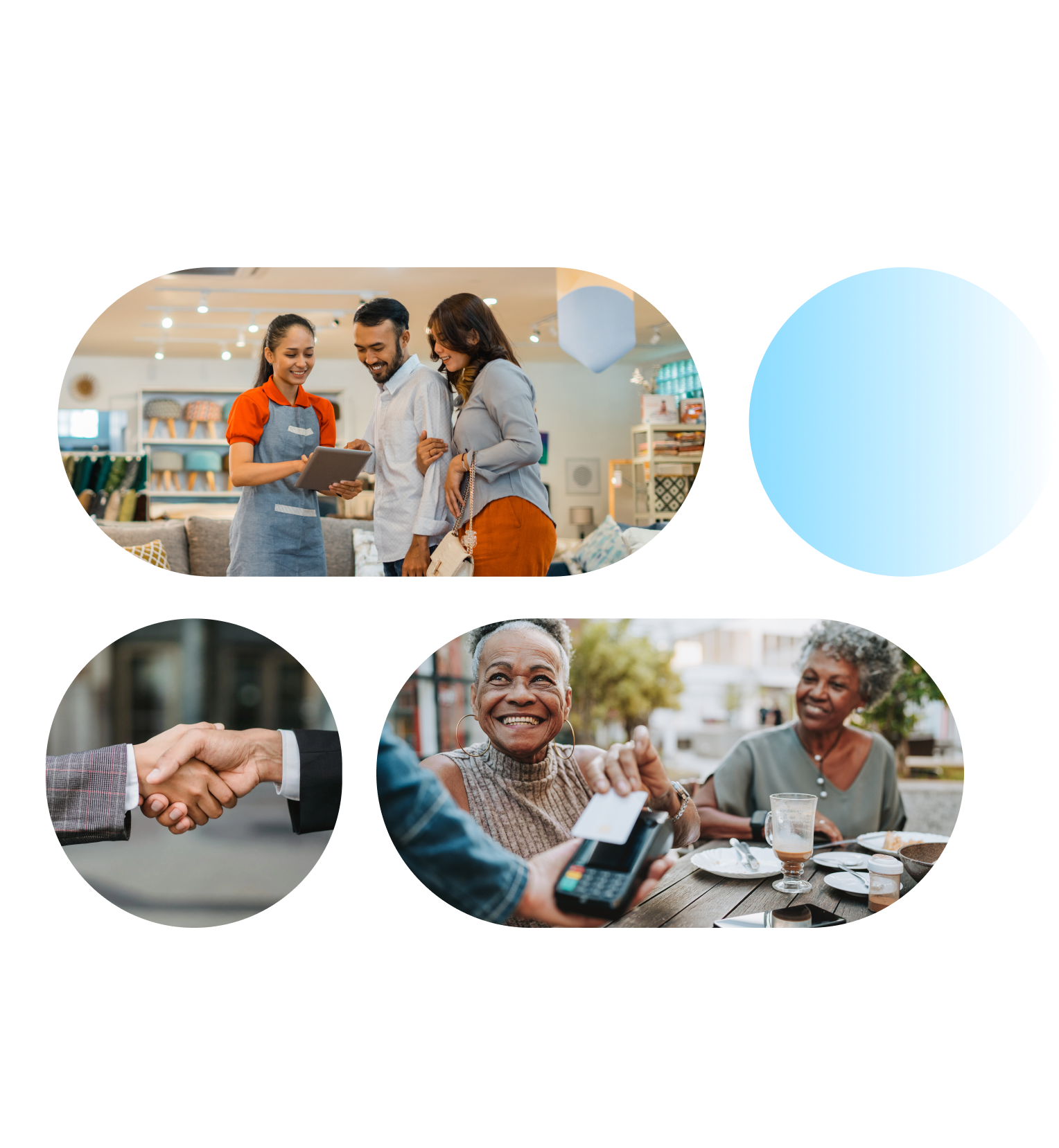 Composite image of handshake, shoppers, and seniors making contactless payment at restaurant.