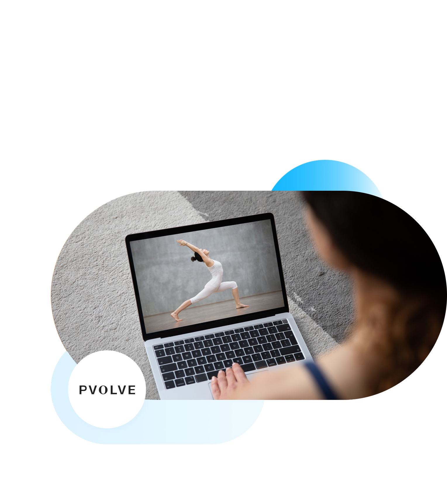 Pvolve branded over the shoulder view of woman viewing workout on laptop.