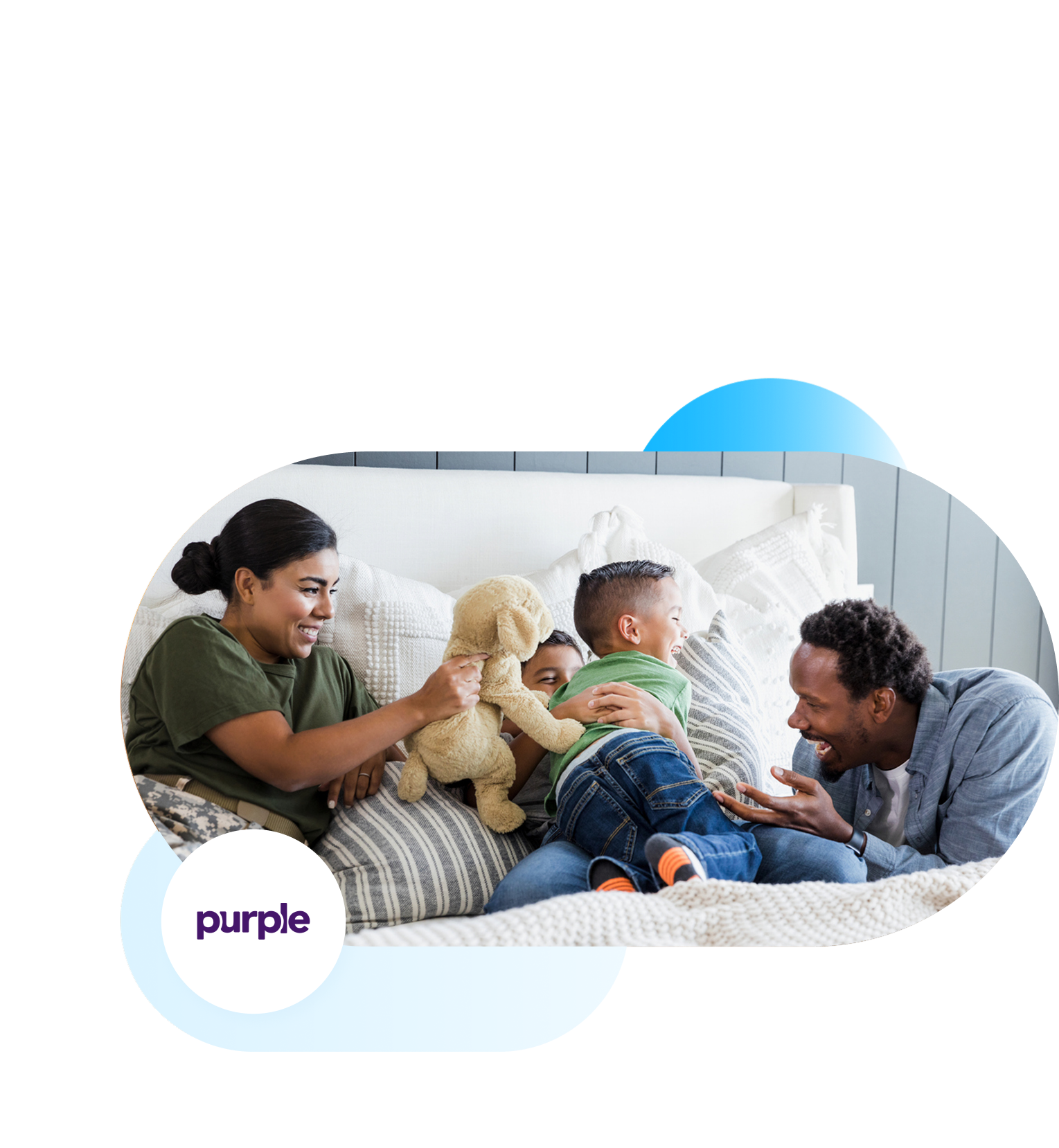 Purple branded image of smiling military family sharing a laugh while sitting in bed.