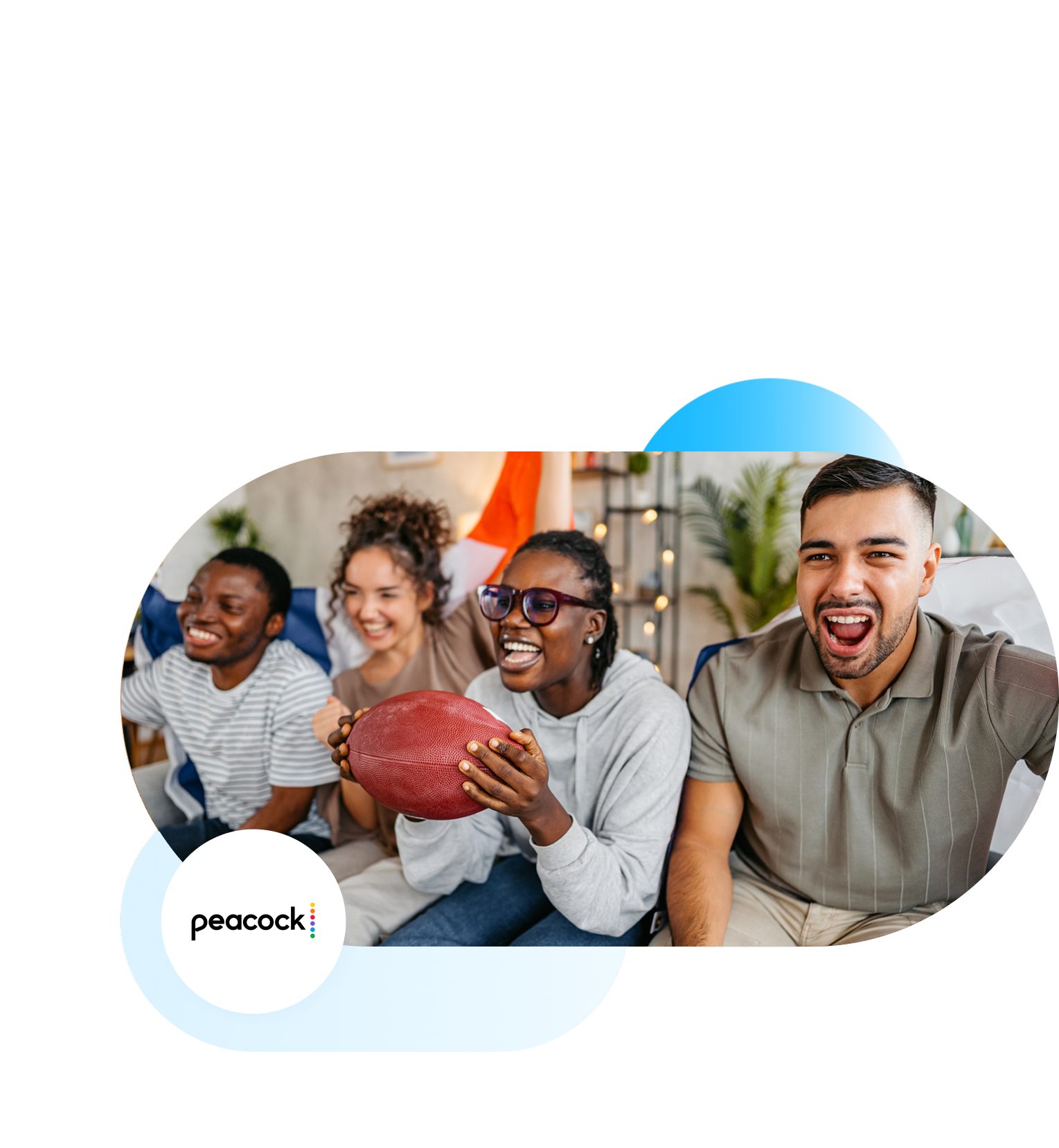 Peacock branded image of four friends watching football game.