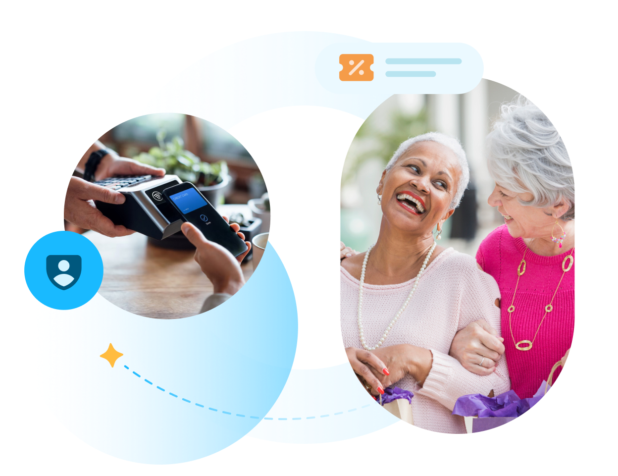 Composite image of two older adults paying.