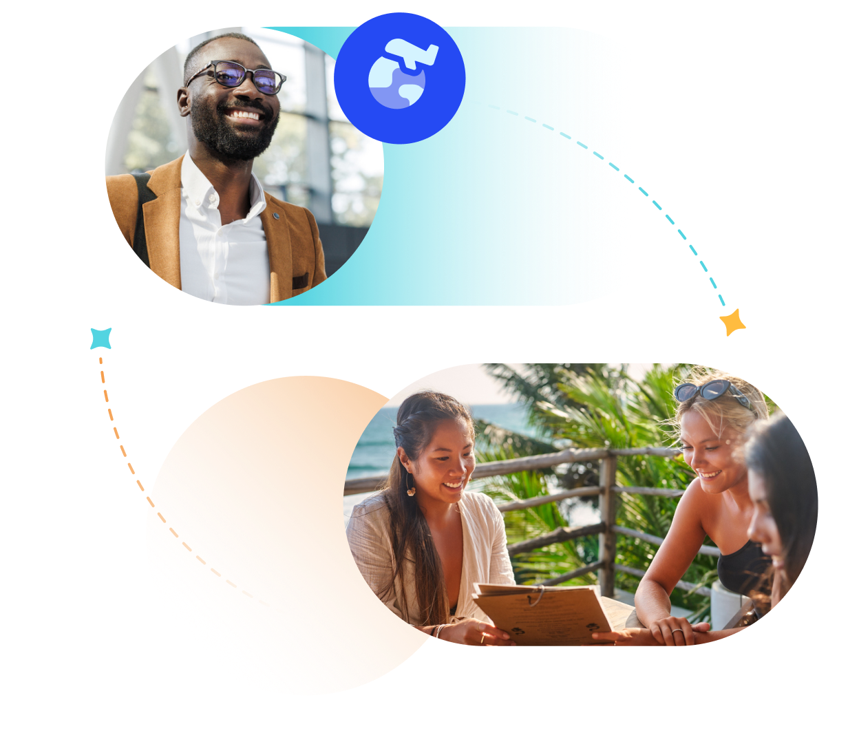 Travel and hospitality icon over young adults.