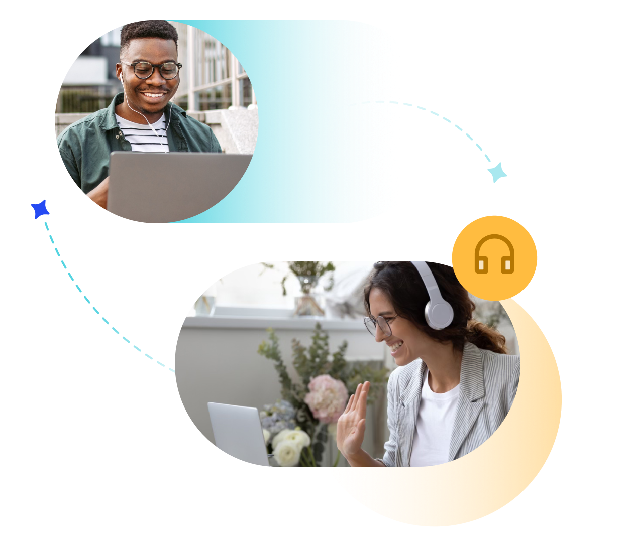 Composite image of student and teacher at laptop.