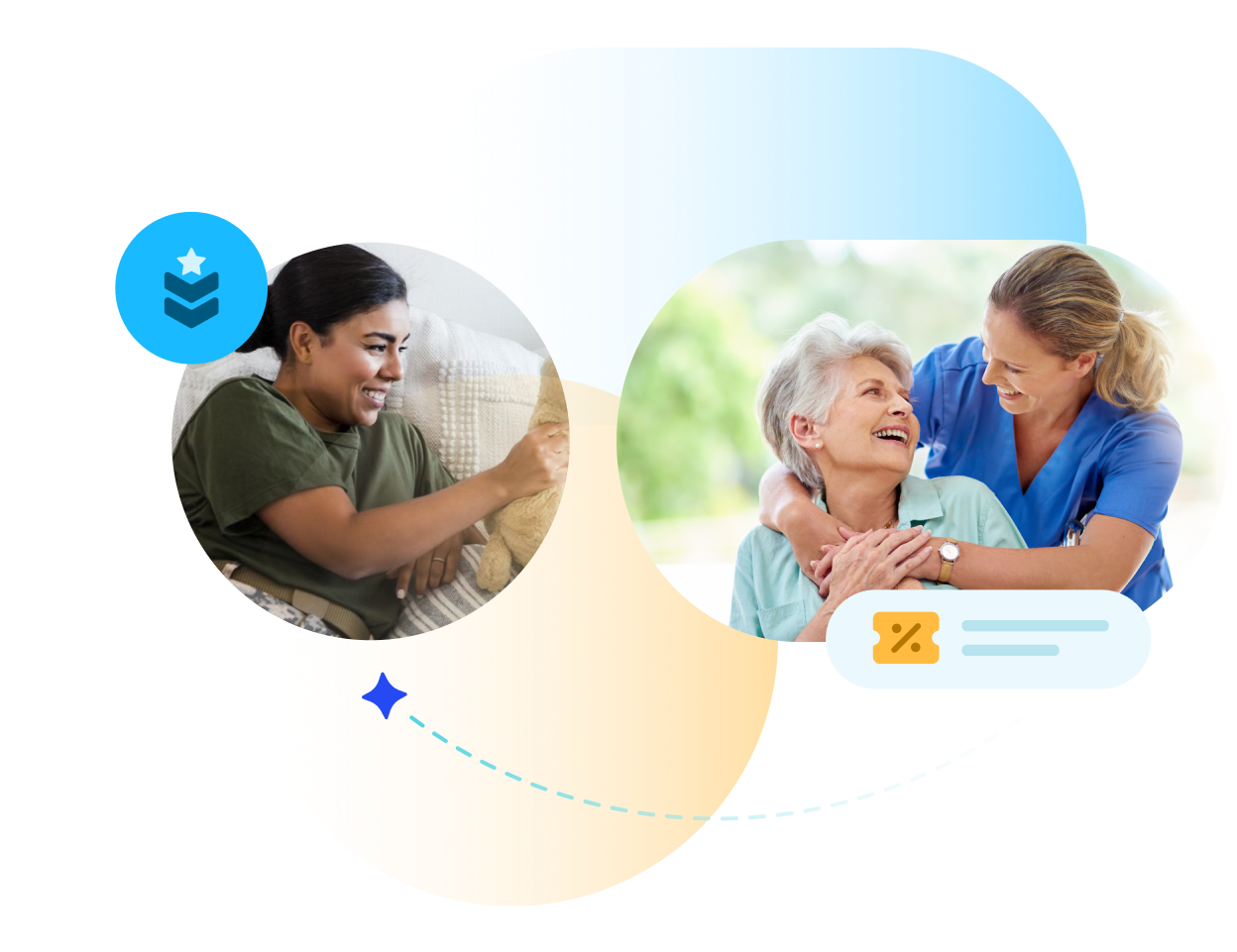 Composite image of military member, senior, and health care professional.