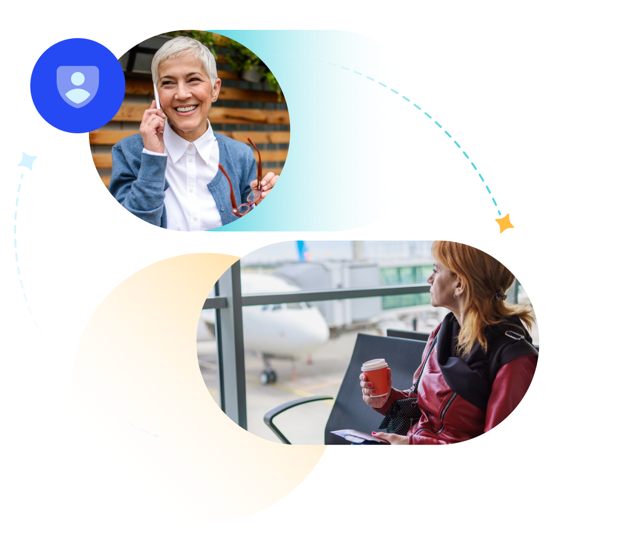Composite image of older adult professional and older adult at airport gate.