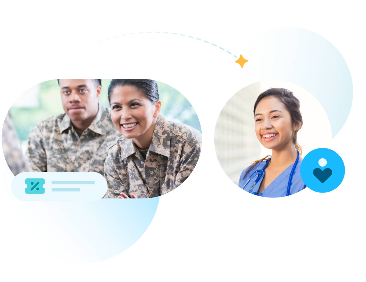 Composite image of military personnel and health care worker.