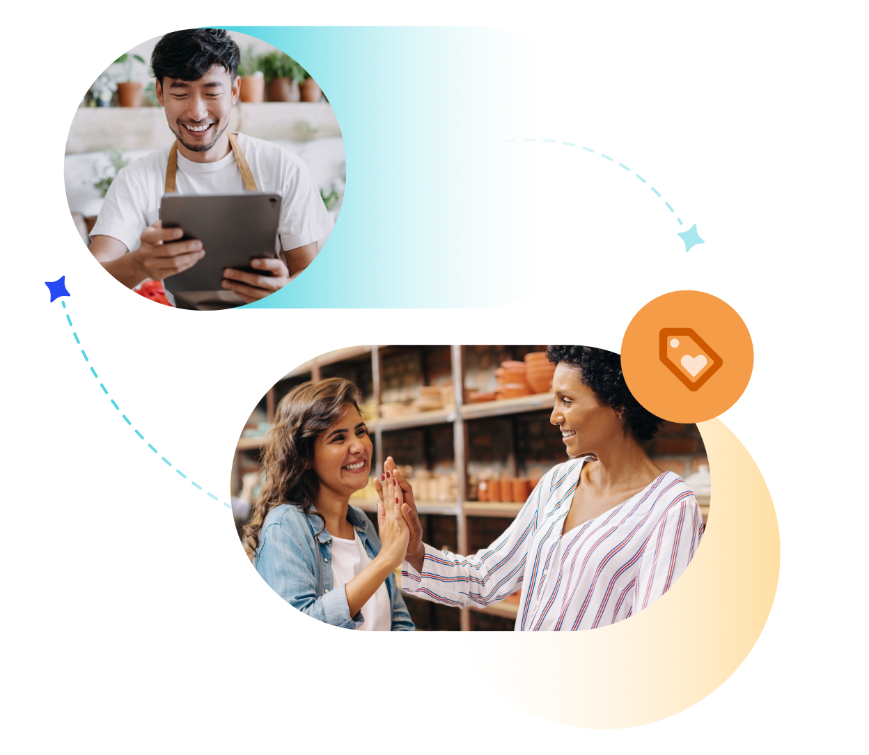 Composite image of happy customers and shop merchant.