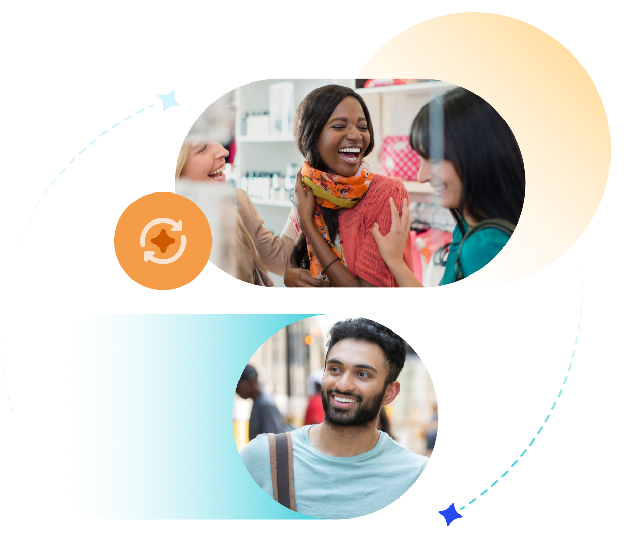 Stylized image of shoppers and student.