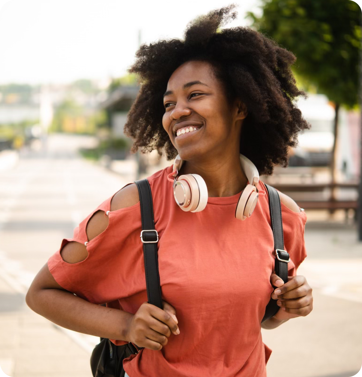 Young female student walking.
