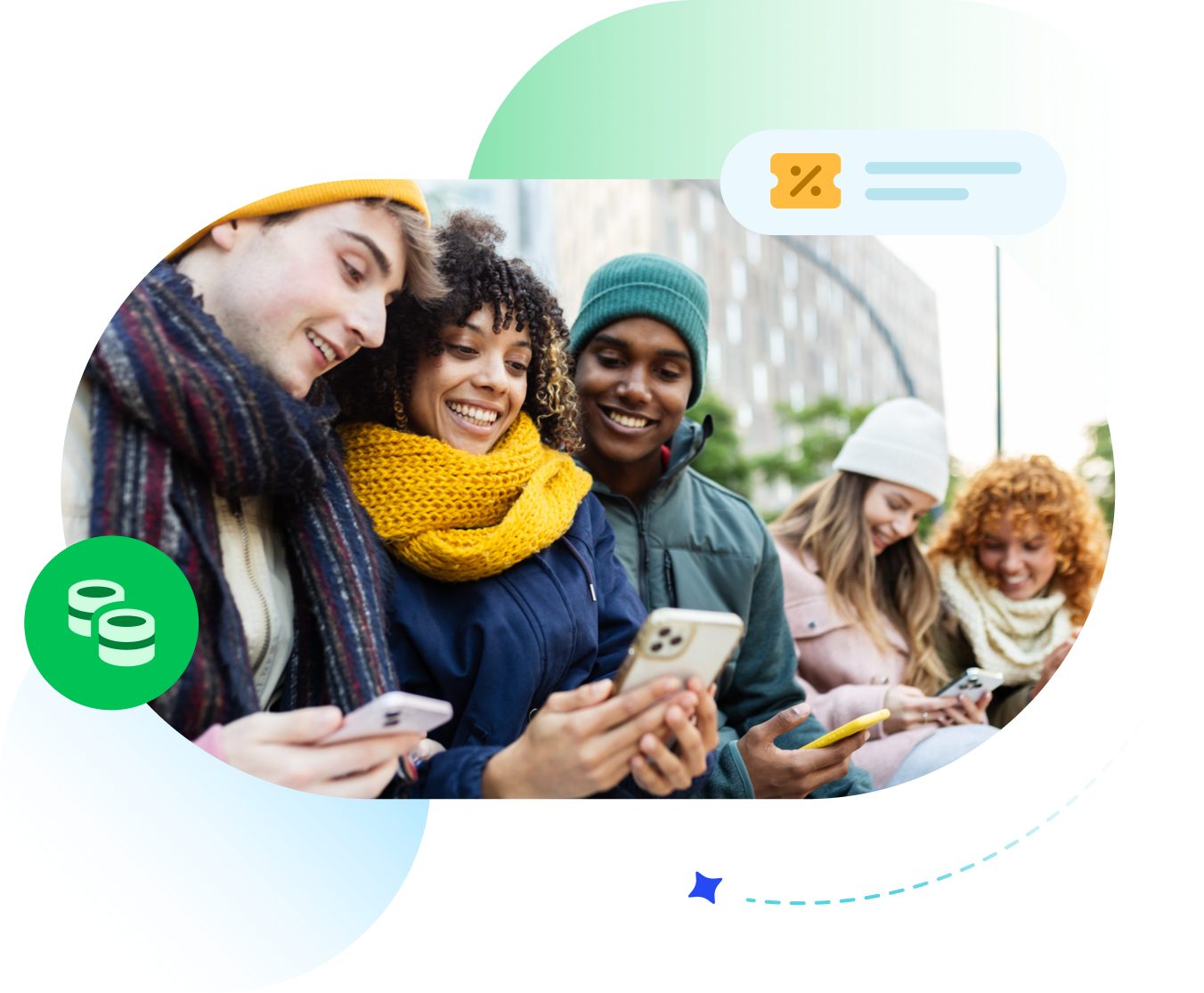 Adults dressed in winter gear smiling at phone.