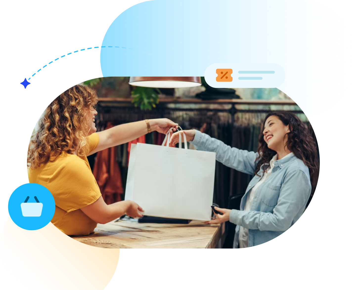 Store clerk passing shopping bag to buyer.