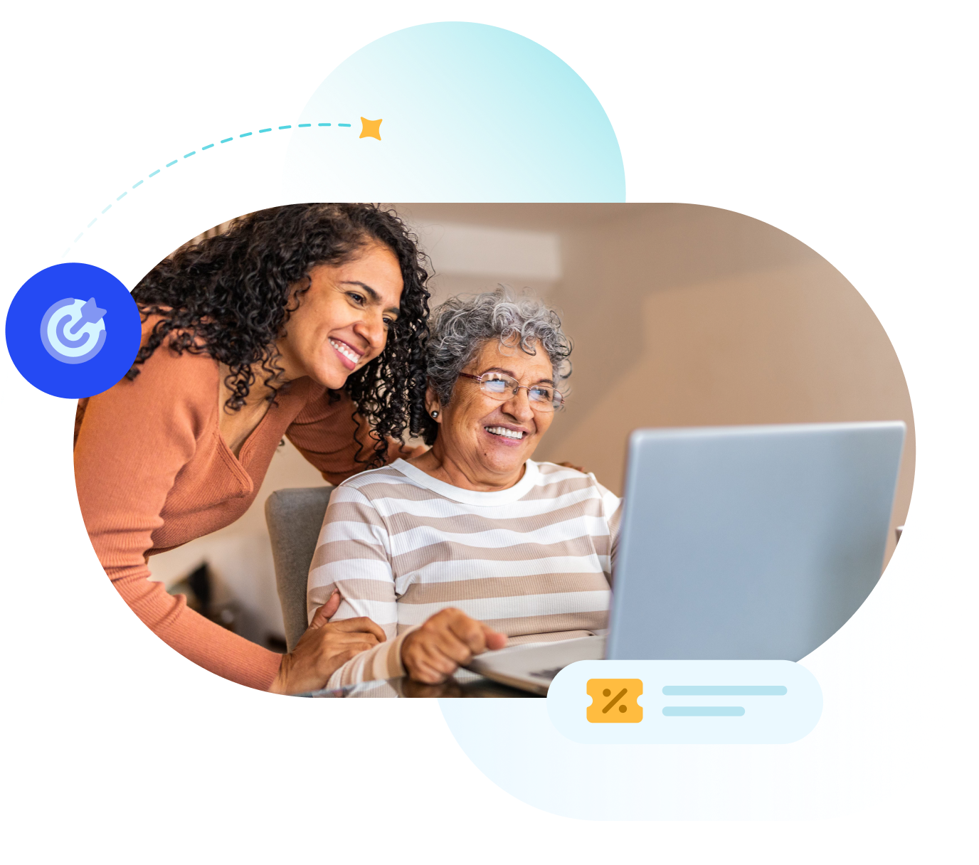 Stylized image of woman helping older adult at laptop.