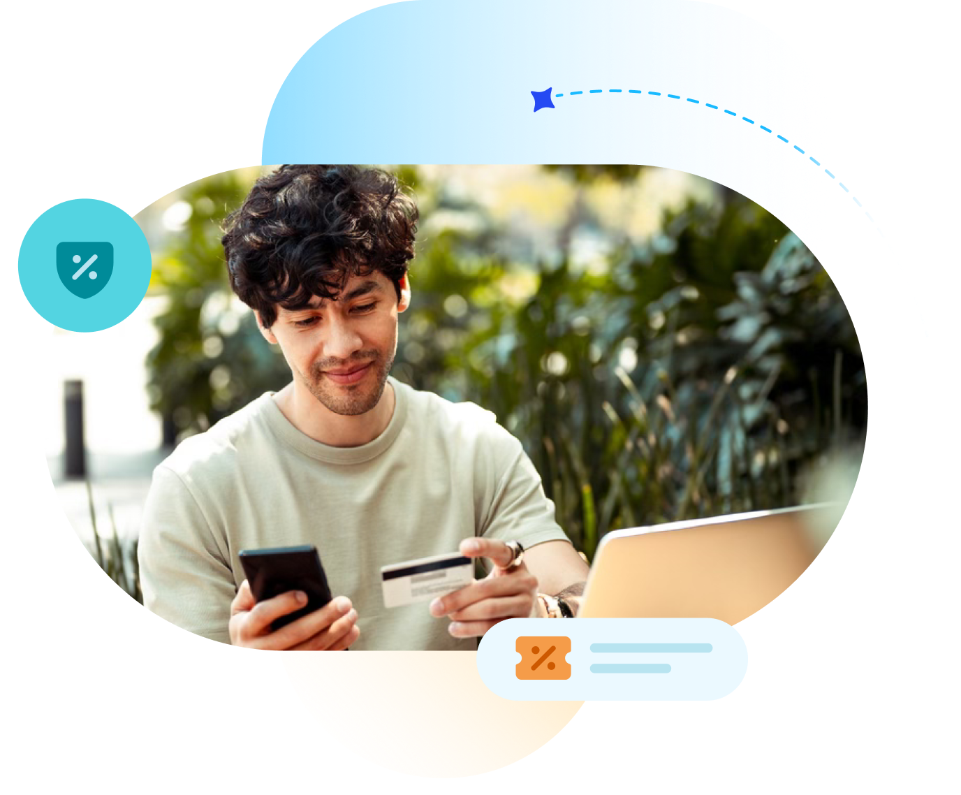 Stylized image of young adult making online purchase.