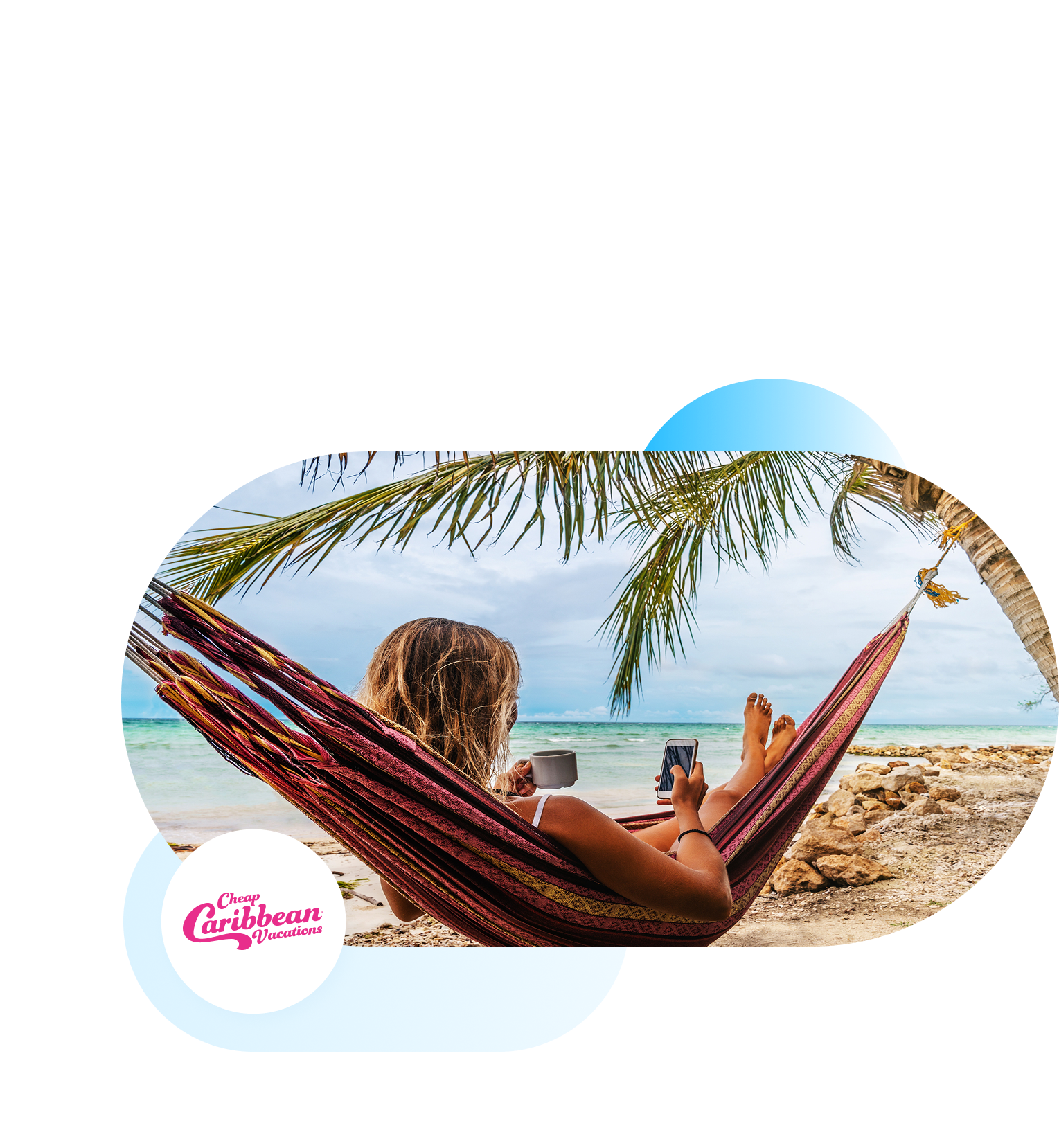 Cheap Caribbean branded image of woman in a hammock at the beach.