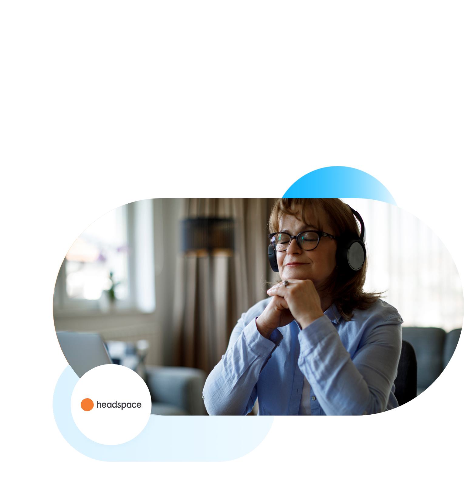 Headspace branded image of older adult listening on headphones.