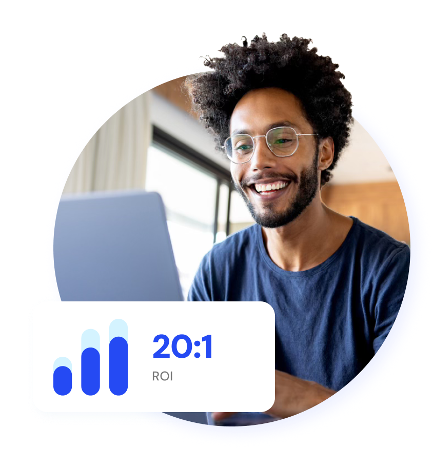 Man at computer with stat: 20:1 ROI