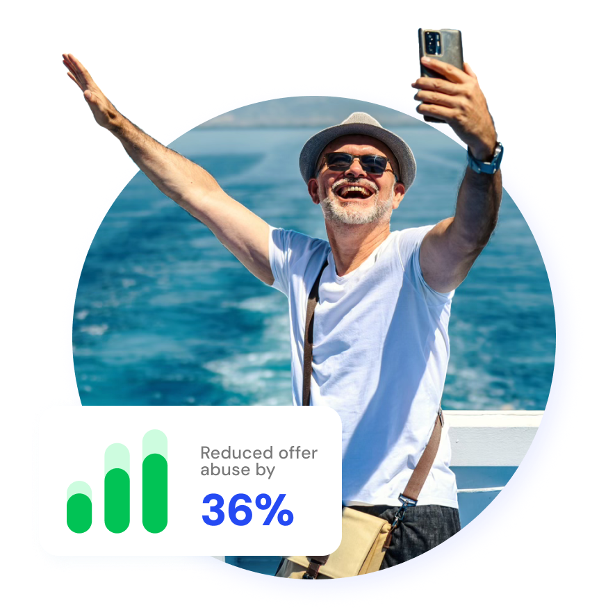 Senior man on a boat taking a selfie with stat: Reduced offer abuse by 36%